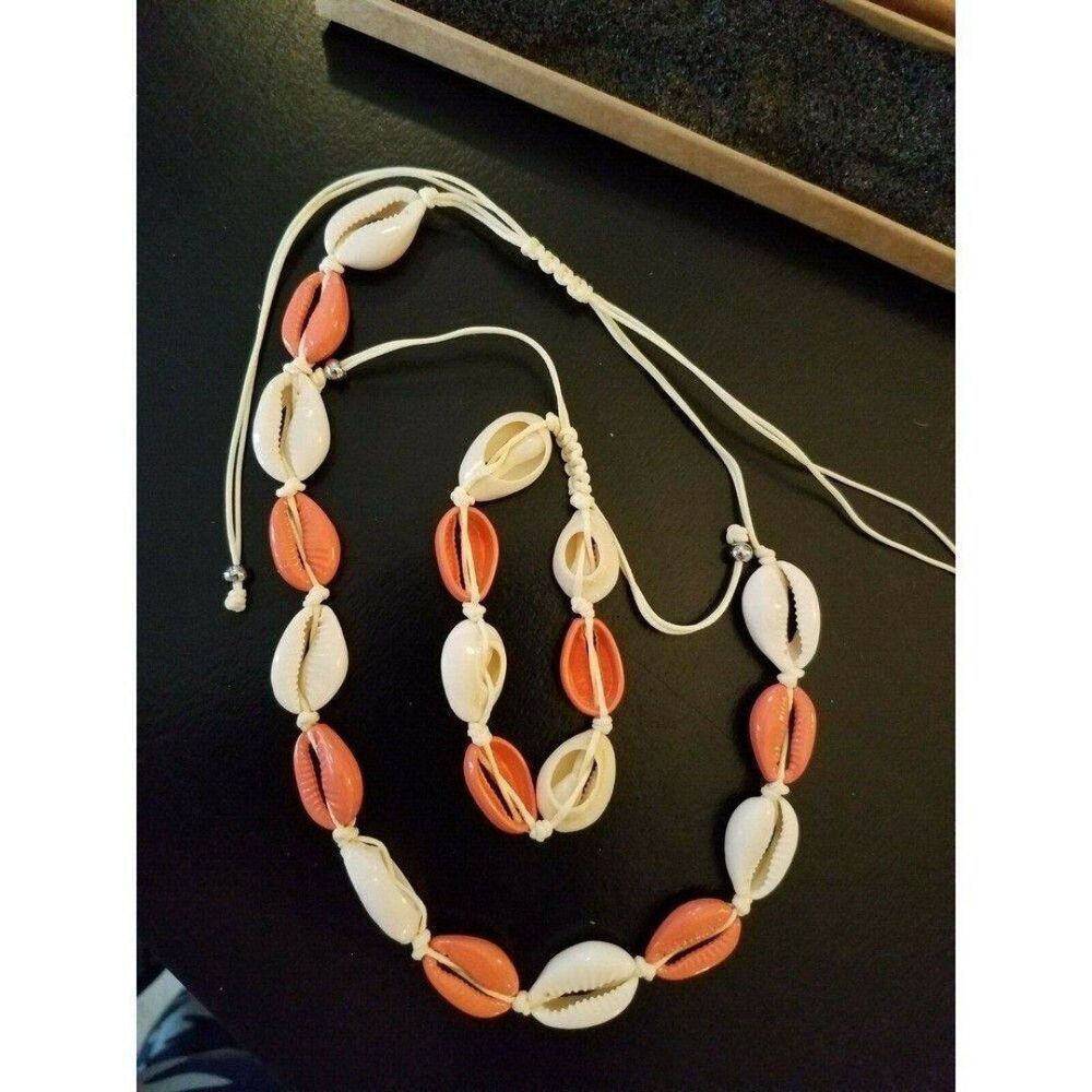 Necklace & Bracelet Set Scione Shells Slide Twine Creamy White & Coral Pink - Picture 3 of 7